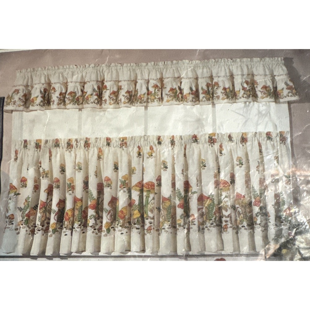 Vintage 70s Cafe Curtains & Valance Set Mushrooms New in Package 50" x 36" READ